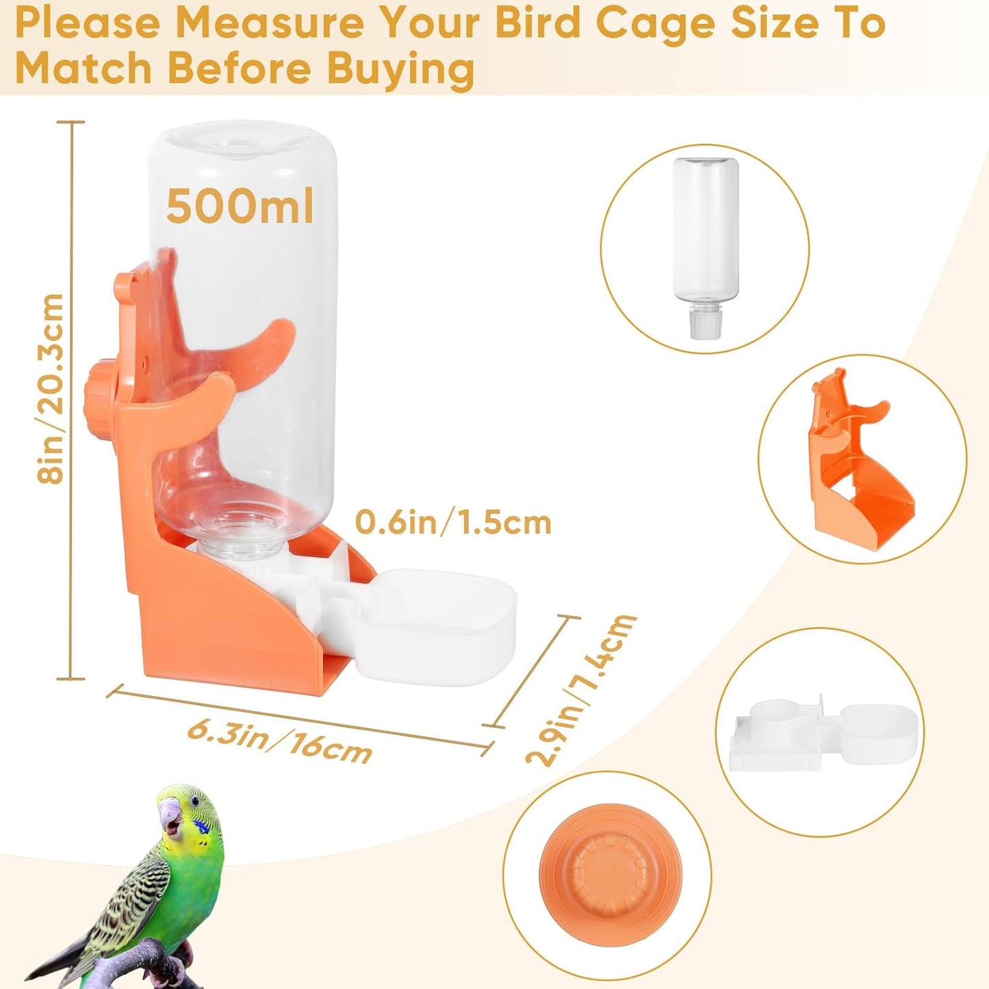 No Mess Bird Feeder for Cage, Automatic Drinker for Parakeet, Canary & Budgies (Orange)