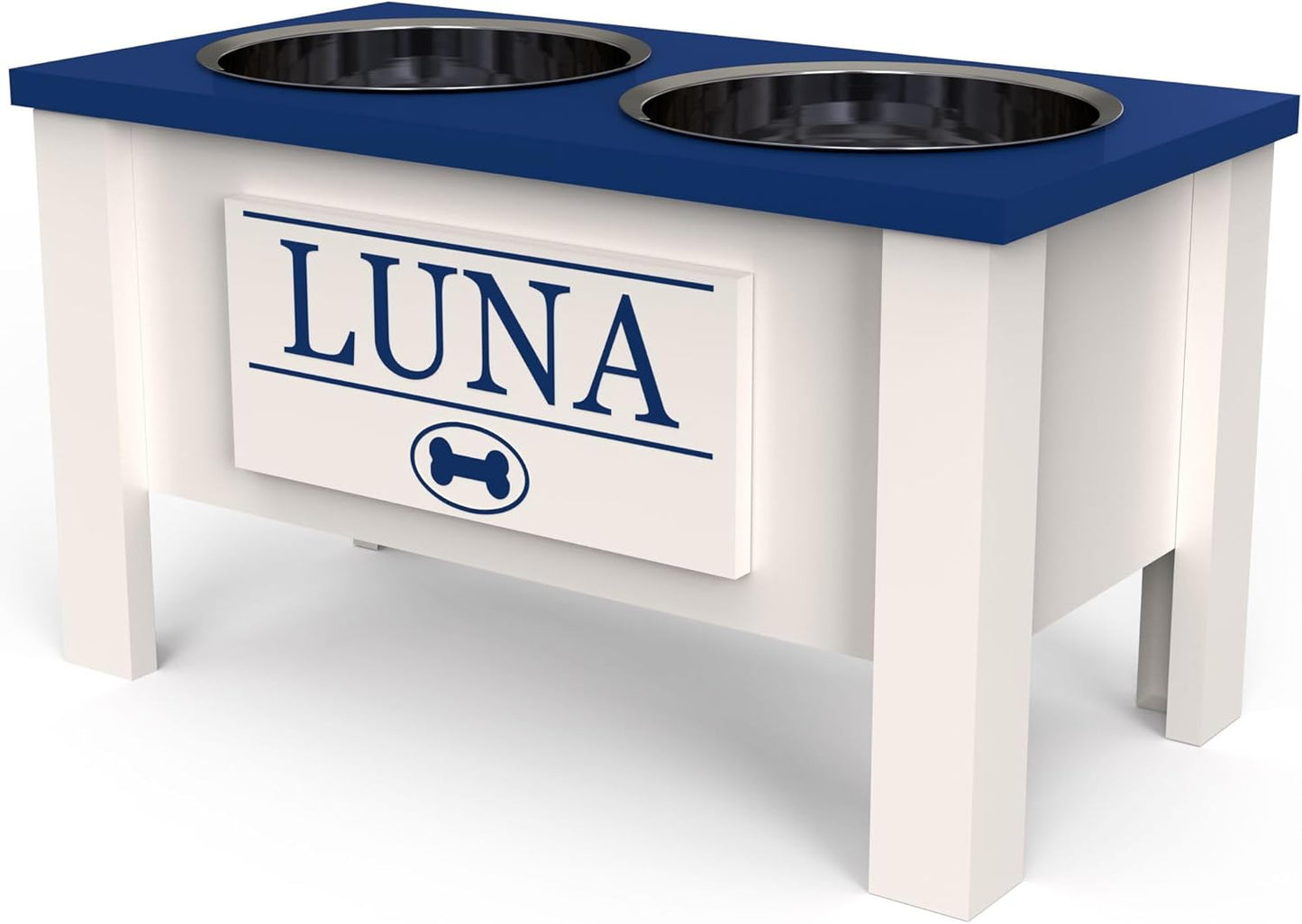 GrooveThis Woodshop - Personalized Elevated Dog Bowl Stand for Large, Medium, Small, X-Small Dogs - Stainless Steel Food and Water Bowls - Raised Dog Dish with Internal Storage (Large, Blue)