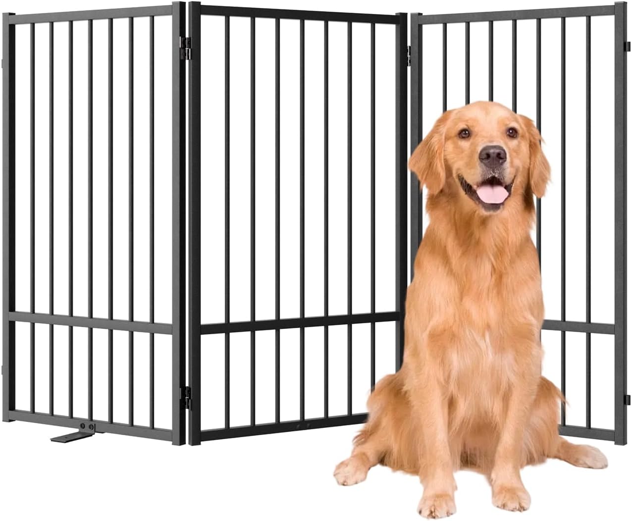 Full Metal Freestanding Dog Gate with Door, 32''Height Foldable Pet Dog Fence for Indoor & Outdoor, 3 Panels Extra Wide Free Standing TallDog Gates for Doorways,House,Stairs,Porch,Deck,Yard