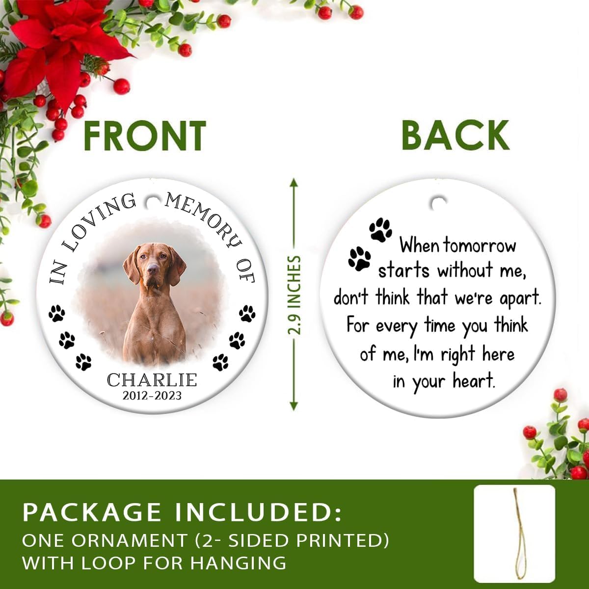 Personalized Pet Memorial Gifts for Loss of Dog or Cat, Pet Bereavement Ornaments, Christmas Decoration, Paw Print Ornament, Sympathy Gift, Dog Lover Gifts