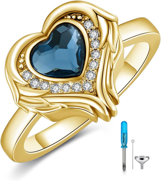 AOBOCO Personalized Angel Wings Urn Rings Holds Loved Ones Ashes for Women Heart Cremation Keepsake Ring Memorial Jewelry, Custom with Name and Crystal-Sterling Silver/Gold/Rose Gold