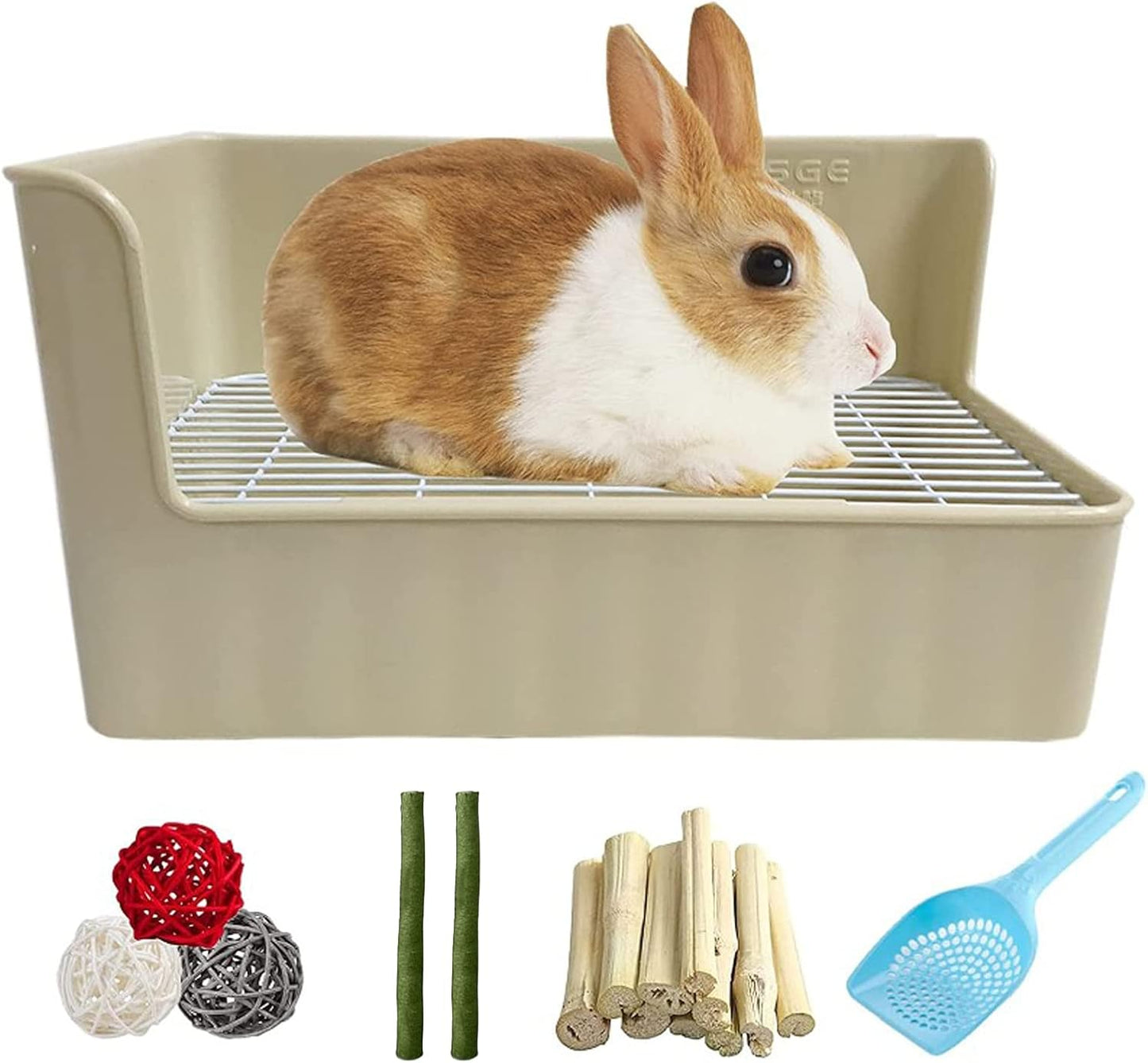 Tfwadmx Rabbit Litter Box Toilet Bunny Corner Litter Pan Pet Toilet Potty Trainer with Scoop Rabbit Chew Toys for Guinea Pigs Galesaur Chinchilla Ferret Small Animal (Brown)