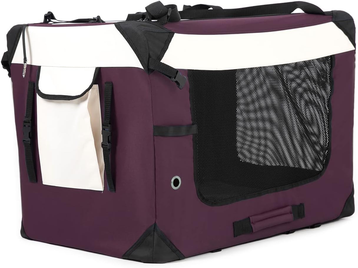 Collapsible Dog Travel Crate,Portable Soft-Sided Pet Carrier Extra Large Cat Carrier with Soft Plush Plush Mat for Indoor and Outdoor,28x20x20in,Purple