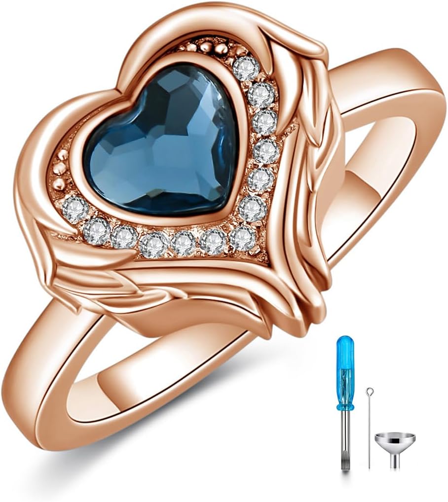 AOBOCO Personalized Angel Wings Urn Rings Holds Loved Ones Ashes for Women Heart Cremation Keepsake Ring Memorial Jewelry, Custom with Name and Crystal-Sterling Silver/Gold/Rose Gold