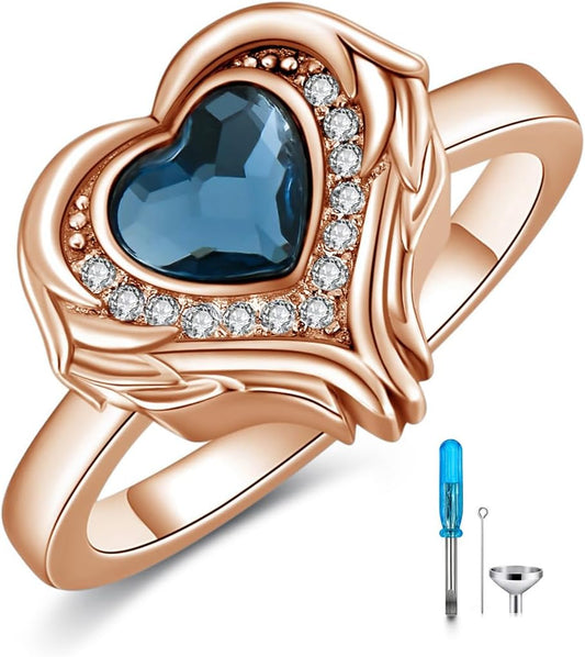 AOBOCO Personalized Angel Wings Urn Rings Holds Loved Ones Ashes for Women Heart Cremation Keepsake Ring Memorial Jewelry, Custom with Name and Crystal-Sterling Silver/Gold/Rose Gold