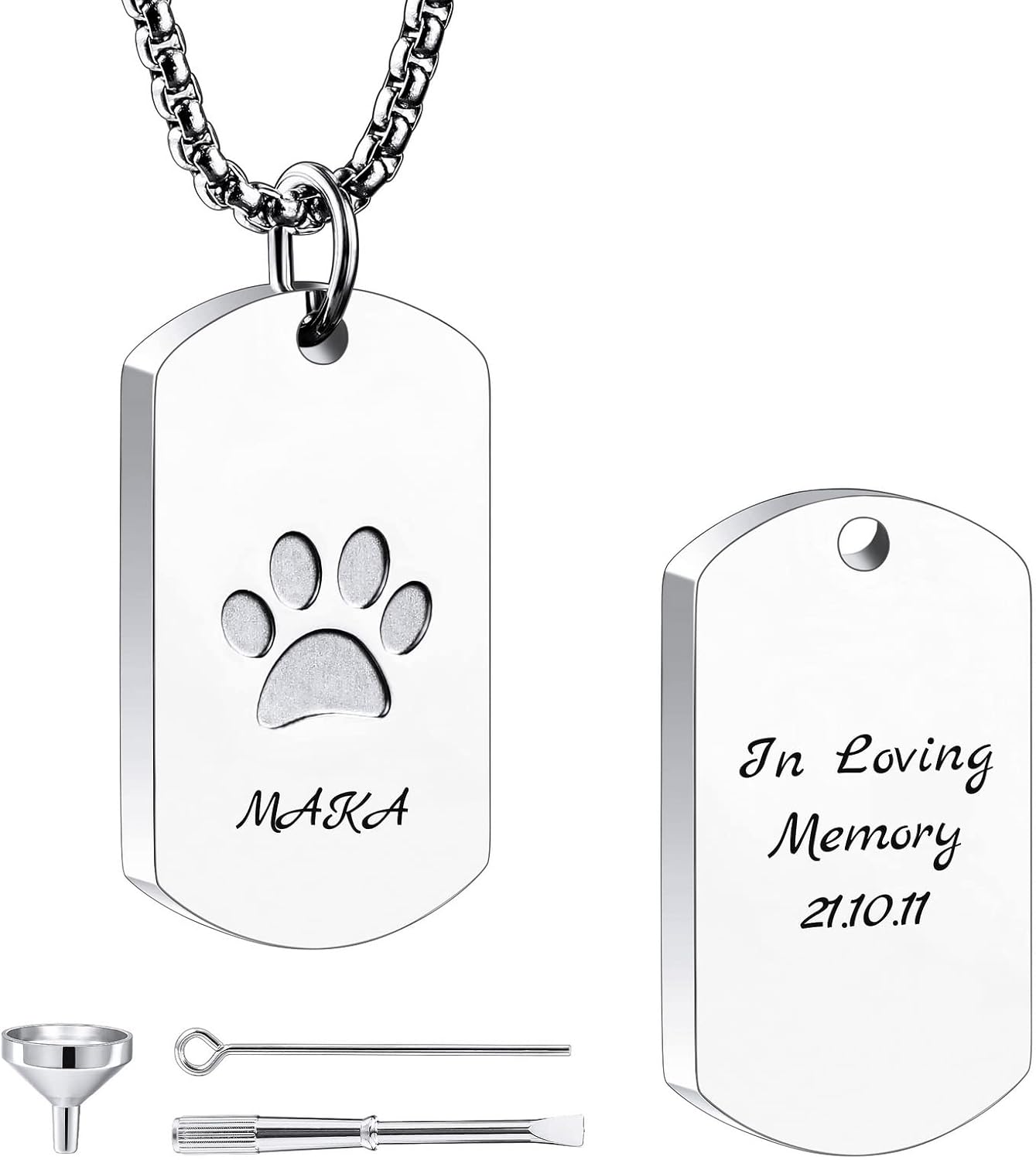 Personalized Urn Necklace for Pet Ashes Custom Photo/Name/Date Paw Print Pendant for Women Men Cremation Jewelry Memorial Keepsake for Dog/Cat/Pet Urn Necklace with Funnel Fill Kit