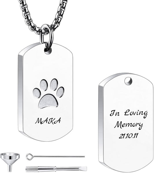 Personalized Urn Necklace for Pet Ashes Custom Photo/Name/Date Paw Print Pendant for Women Men Cremation Jewelry Memorial Keepsake for Dog/Cat/Pet Urn Necklace with Funnel Fill Kit