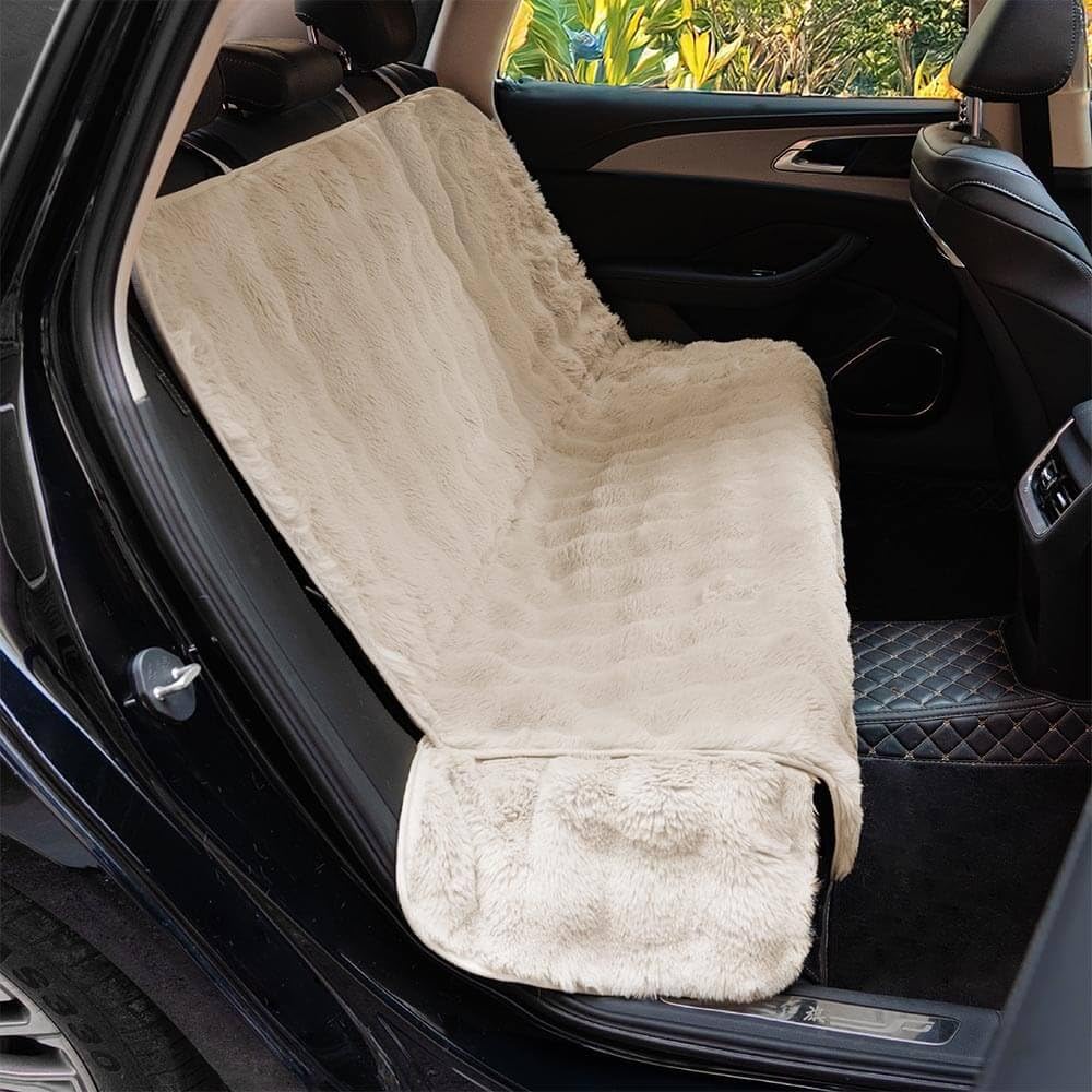 FUNNY FUZZY Fluffy Dog Car Seat Cover for Back Seat (Bench), Water-Resistant with Nonslip Backing,Pet Seat Protector for Cars SUVs Trucks（Beige