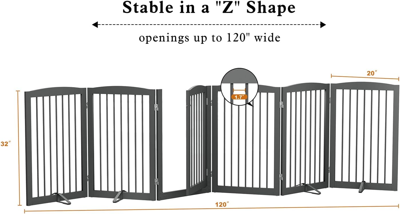 Freestanding Pet Gate with Door, Tall Dog Gate for House, Extra Wide, Pet Puppy Safety Fence, Support Feet Included, 120 Inch Wide, 6 Panels 32" Tall, Gray