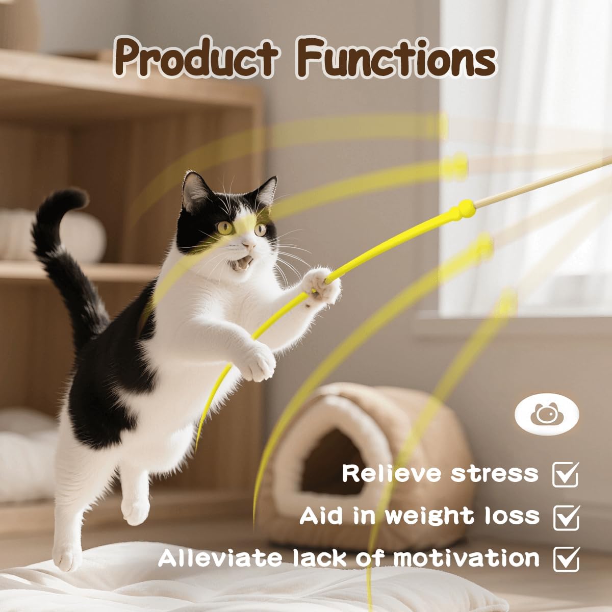 Cat Wand Toy,Cat Toy Wand,Cat Toy on Stick 3 PCS Silicone Ultra-Light Durable Tail Non Feather Teaser Used for Stress Relief (Colorful Styles)