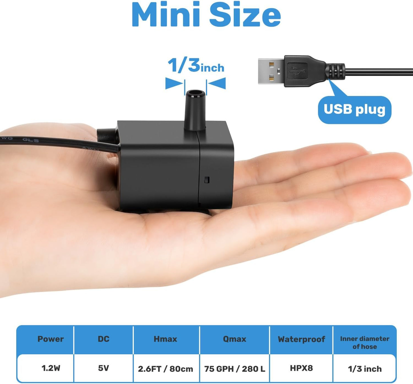 Mini Submersible Pump, Small Fountain Pump with & Sensor (DC 5V USB) for Fish Tank, Pet Fountains, Water feature, Tabletop Fountain, Pond, Hydroponics, Cat Drinking Fountain Replacement Pump