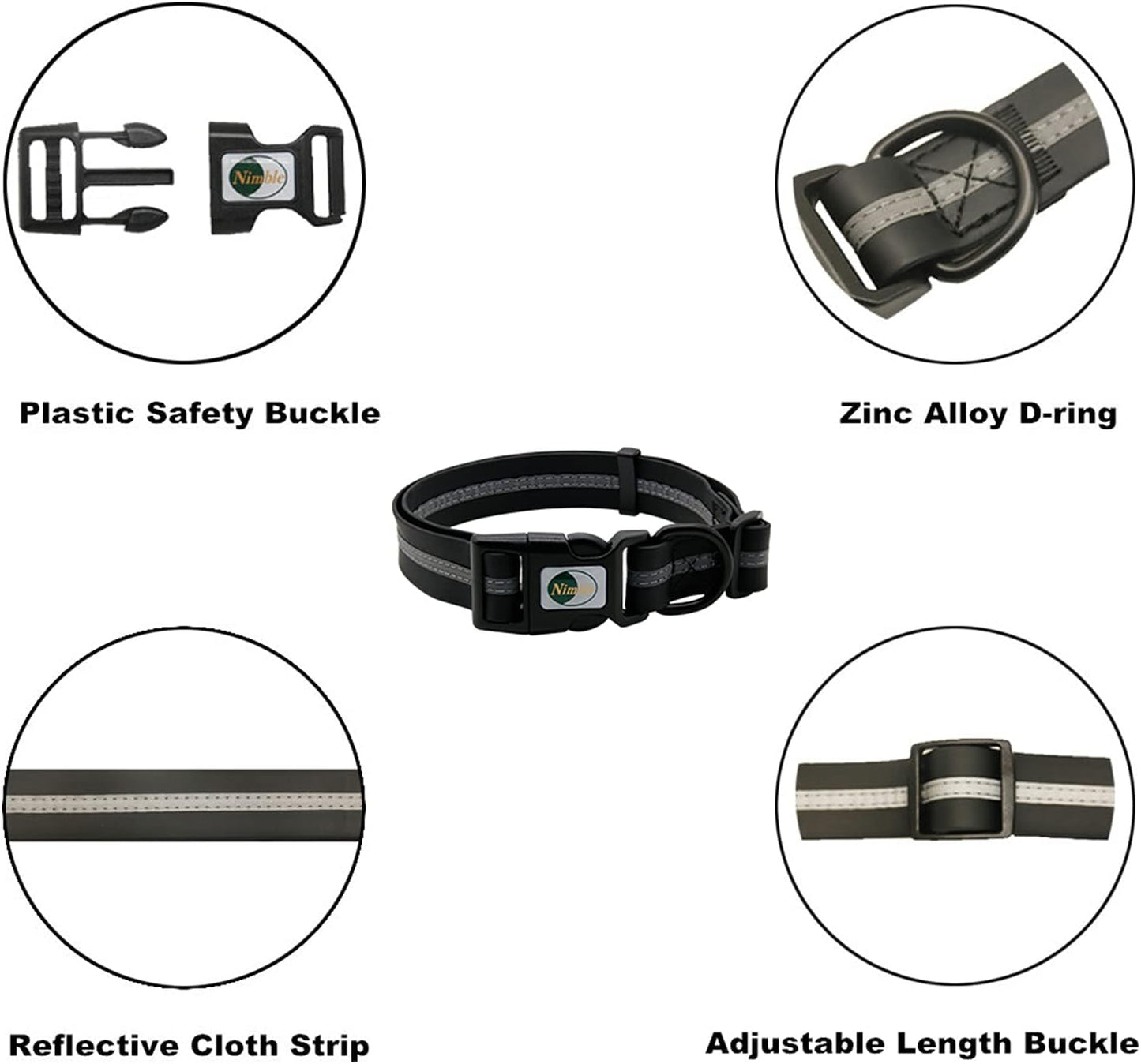 NIMBLE Dog Collar Waterproof Pet Collars Anti-Odor Durable Adjustable PVC & Polyester Soft with Reflective Cloth Stripe Basic Dog Collars S/M/L Sizes (Medium (11.81”-18.5”inches), Black)