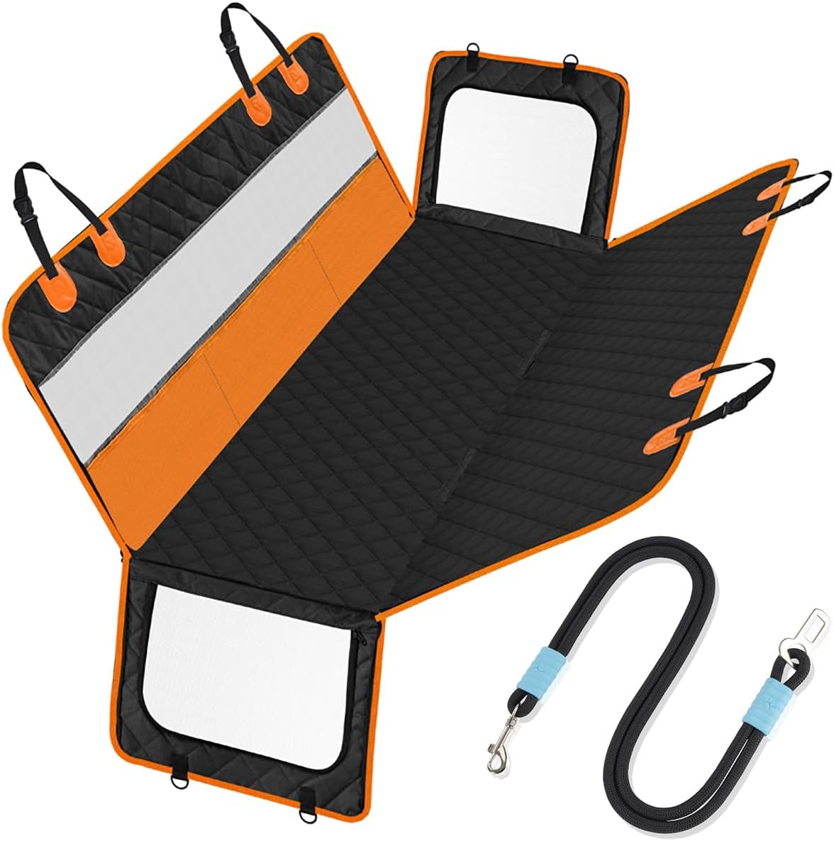 Dog Car Seat Cover, 4-Layer Waterproof Back Seat Protector with Mesh Windows,3 Accessories Pockets Nonslip Pet Hammock Style for Cars Trucks SUVs, Include 1 Dog Safety Belt (Black-Orange)