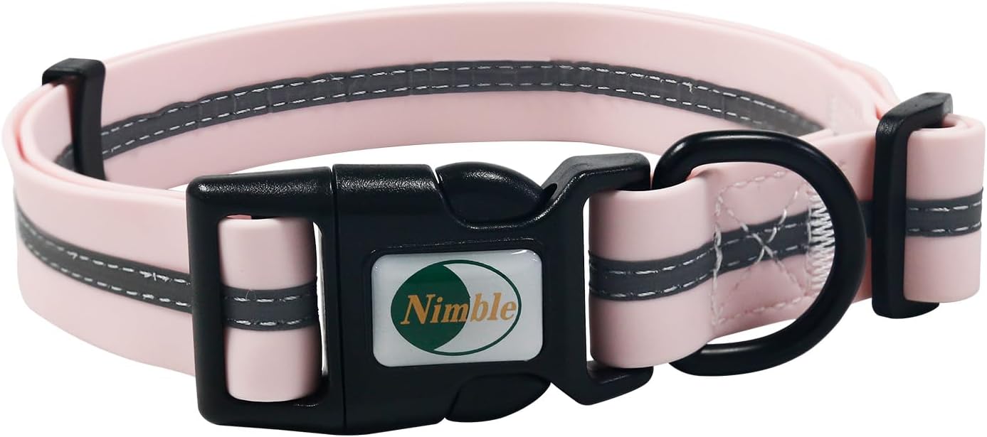 NIMBLE Dog Collar Waterproof Pet Collars Adjustable, Reflective, Durable Flex Poly Coated Nylon Basic Dog Collars 9 Colors in Size S/M/L (Light Pink, Medium (11.81”-18.5”inches))