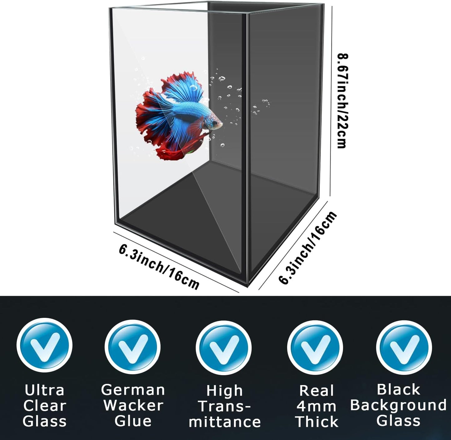 Glass Betta Aquarium Starter Kits 1.5 Gallon Small Fish Tank, Betta Fish Tank with LED Light, Power Filter, Black. 4mm Glass