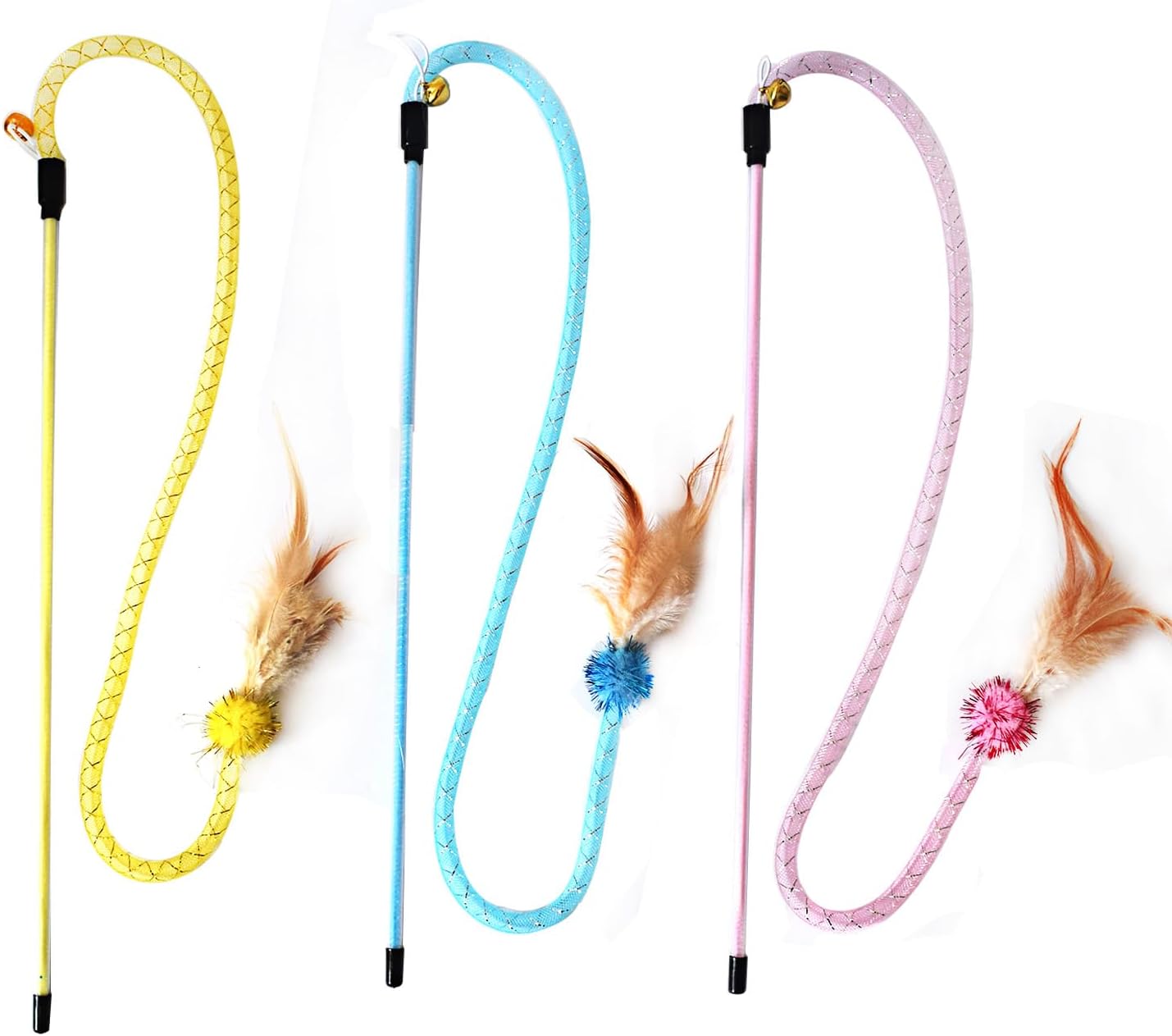 IUHKBH Cat Wands, 3 Colors Mesh Tube Teaser Toys Cute Kitten Wand Interactive Kitty Toy Safe Cat Stuff for All Breed Sizes