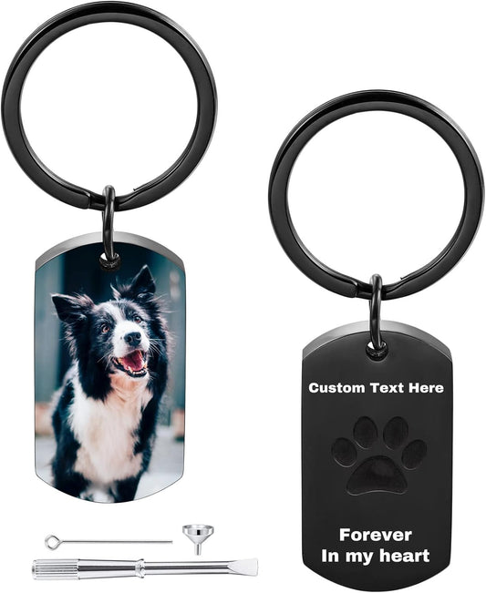 Personalized Cremation Urn Keychain for Pet Human Ashes Custom Photo/Name/Date Dog Cat Paw Print Pendant Stainless Steel Keyring Memorial Keepsake Keychain for Women Men (Style A2)