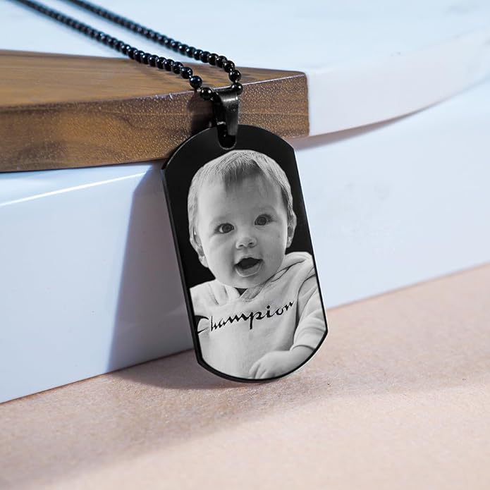 PicturesOnGold.com Black Plated Stainless Steel Custom Photo Dog Tag Pendant Personalized Picture Necklace w- 24 inch Ball Chain - 1 1/4 Inches x 2 Inches - Jewelry Gifts for Men & Women