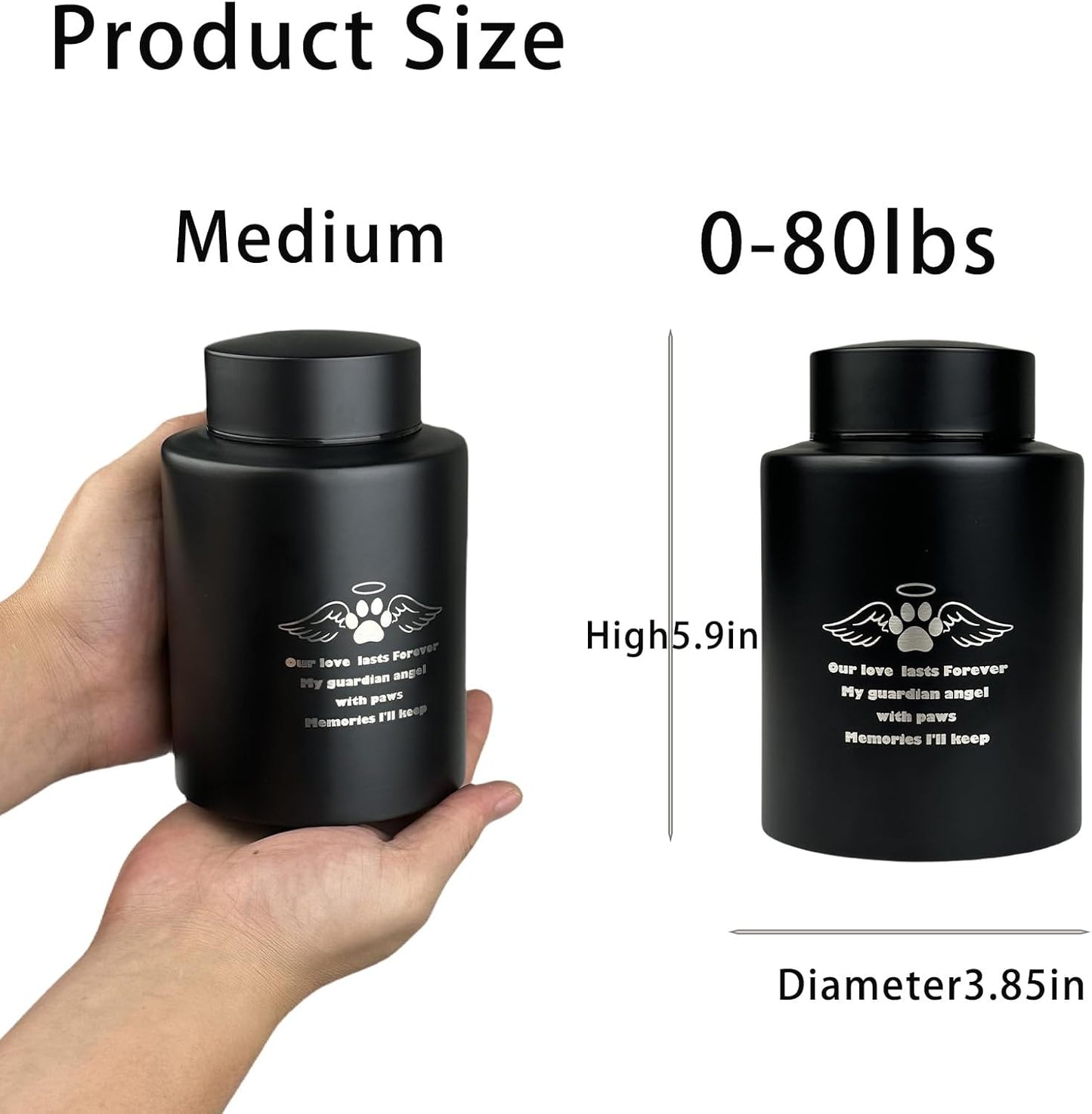 Pet Urn for Dogs or Cats Medium Size Black Metal Cremation Urn for Ashes, 3.85"x5.9" Elegant Memorial Keepsake for Pets up to 80 lbs Secure Screw-Top Lid – Personalized Tribute Design