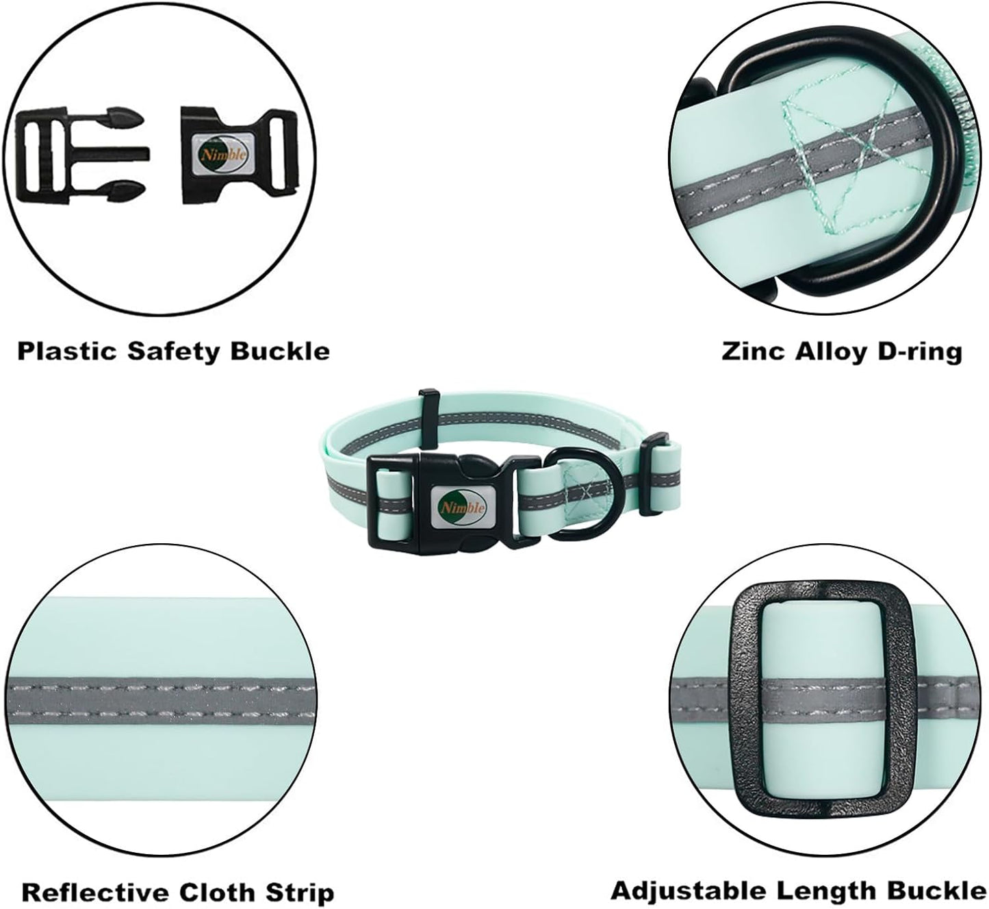 NIMBLE Dog Collar Waterproof Pet Collars Adjustable, Reflective, Durable Flex Poly Coated Nylon Basic Dog Collars 9 Colors in Size S/M/L (Light Blue, Small (9.45”-14.17”inches))