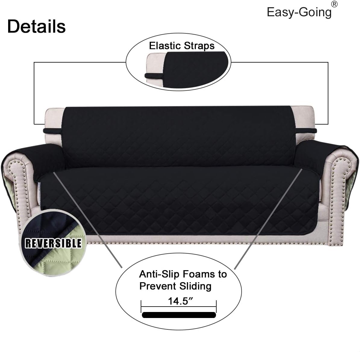 Easy-Going Reversible Oversized Couch Cover for 3 Cushion Couch Sofa Cover for Dogs Water Resistant Furniture Protector Cover with Foam Sticks for Pet (Oversized Sofa, Black/Beige)