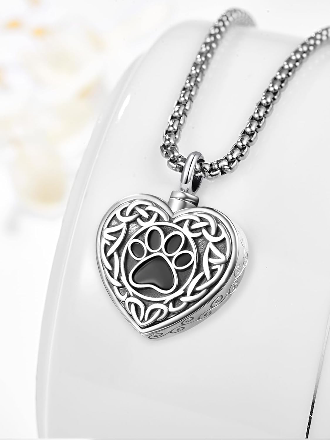 Pet Cremation Urn Necklace for Dog Cat Ashes 925 Sterling Silver Paw Print Keepsake Pendant Celtic Knot Memorial Jewelry for Women Men