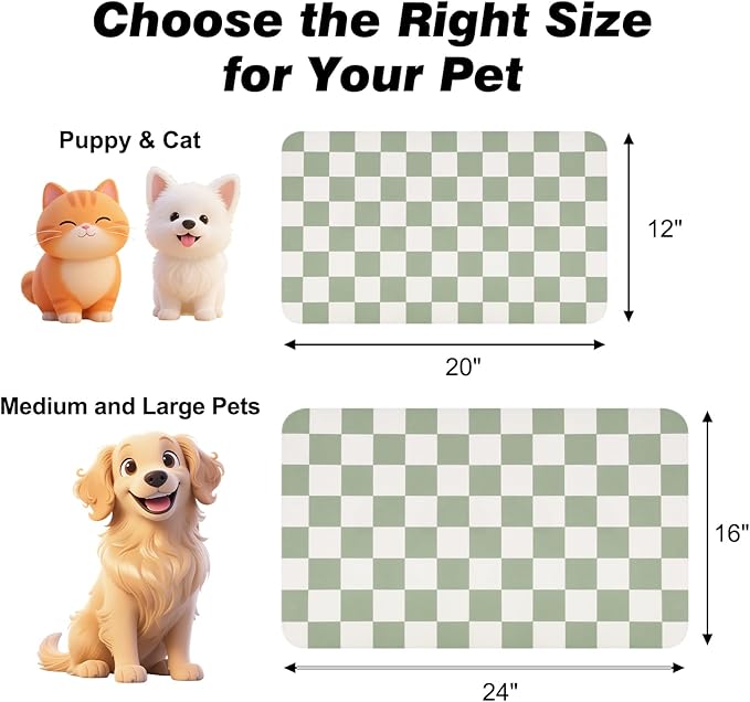 Checkered Pet Feeding Mat, Absorbent Dog Mat for Food and Water Bowls Dispenser 12" x 20" Green