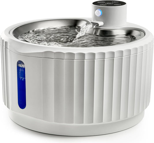 Leafur Cat Water Fountain, Battery Operated - Motion Sensor Pet Fountain 2.8L/95oz, Automatic Water Dispenser with Quiet Pump & Stainless Steel Tray (White Cordless)