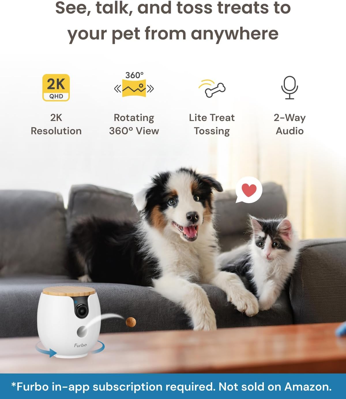 Furbo Mini 360° New 2K QHD Pet Camera - Unlock Smart Camera & Smart Features w/Paid Plan: Dog & Cat Safety Alerts, Rotating Treat Dispenser w/Speaker (Subscription Required, Low Risk 3mo Minimum)