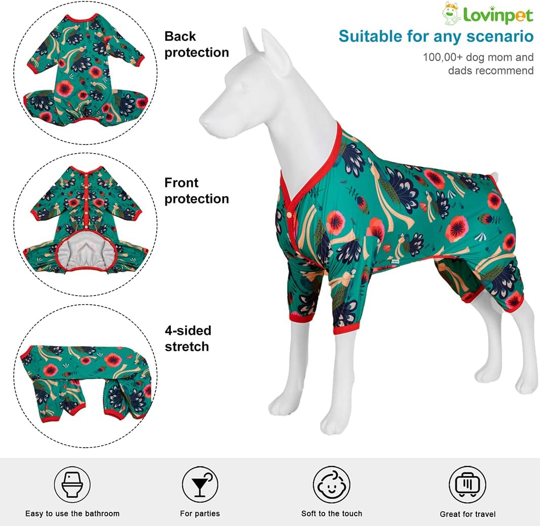 LovinPet XL Doggie Pajamas for Large Dogs, Pet Anxiety Relief Shirt, UV Protection Dog Clothes, Comfy Lightweight Fabric, Turquoise Peacock Prints,Large Dog Pjs, Pitbull Clothes, Green XL