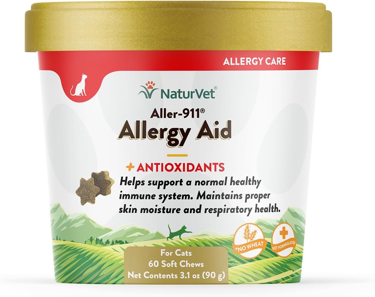 NaturVet – Aller-911 Allergy Aid Plus Antioxidants for Cats – 60 Soft Chews | Supports Immune System, Skin Moisture & Respiratory Health | Enhanced with Omegas, DHA & EPA | 30 Day Supply
