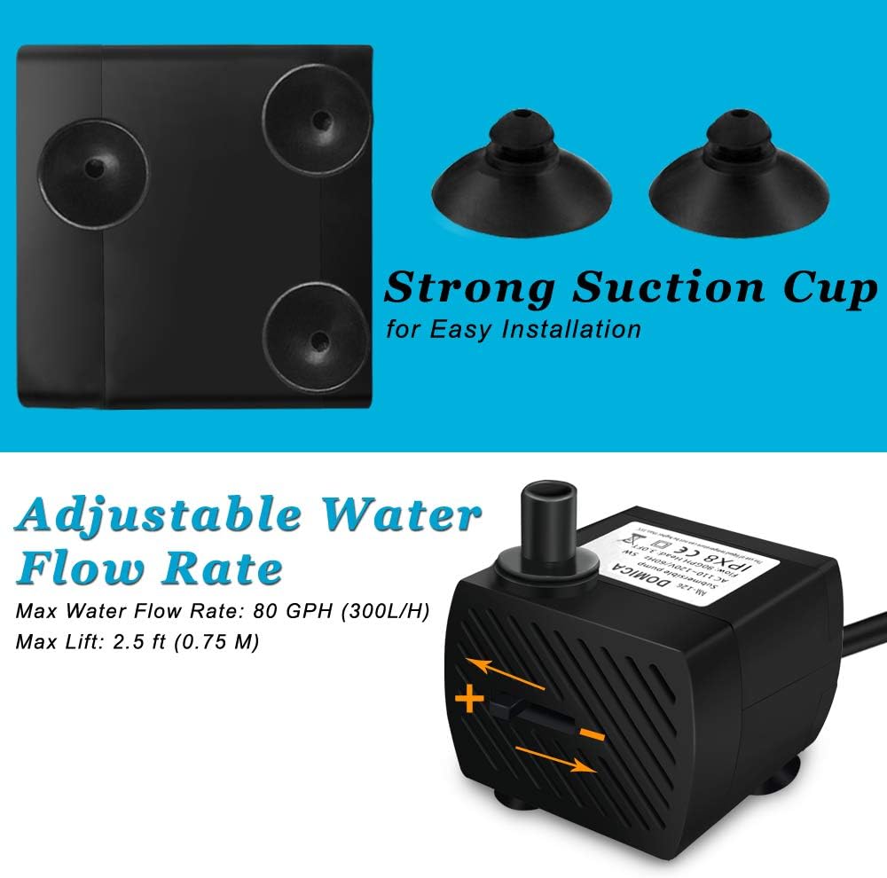 DOMICA (80GPH 4W) Mini Submersible Water Pump with 2.2FT Tube for Pond, Aquariums, Fish Tank, Hydroponics, Tabletop Fountain, Pet Fountain, Indoor or Outdoor Fountain Pump