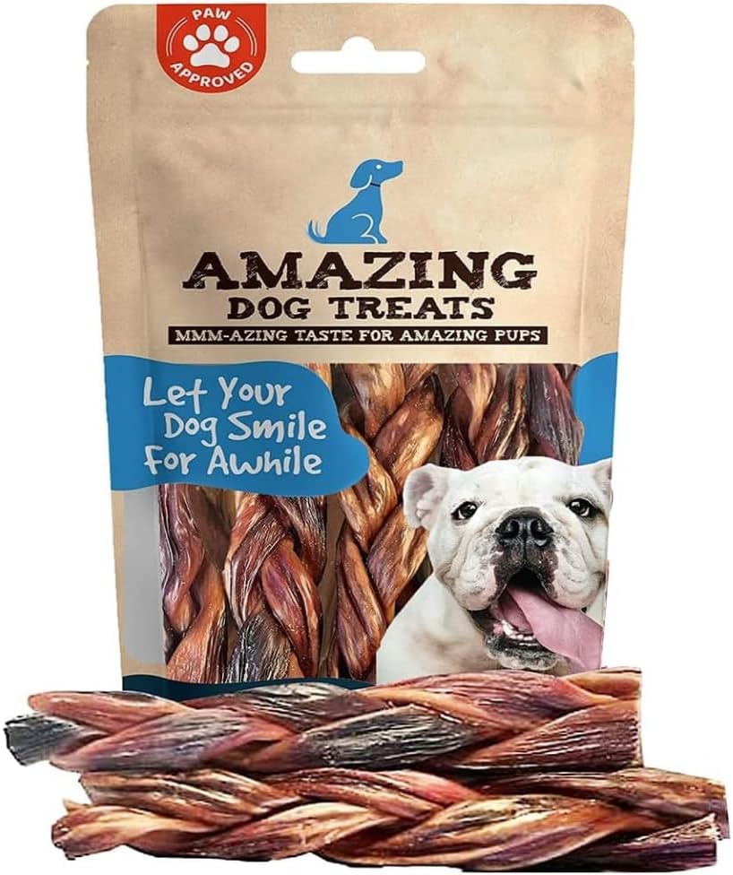 Amazing Dog Treats - 6 Inch Braided Gullet Stick (4 Pc/Pack) - Dog Jerky Treats - Beef Esophagus -Gullet for Dogs - Beef Esophagus Dog Treats