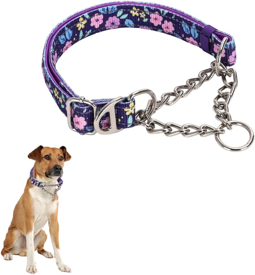 Choker Collar for Dogs，Stainless Chain Martingale, No Pull Slip Cinch Training Escape Proof Heavy Duty Dog Collar for Small Medium Large Pet Girl Female Dogs，Purple Flower L