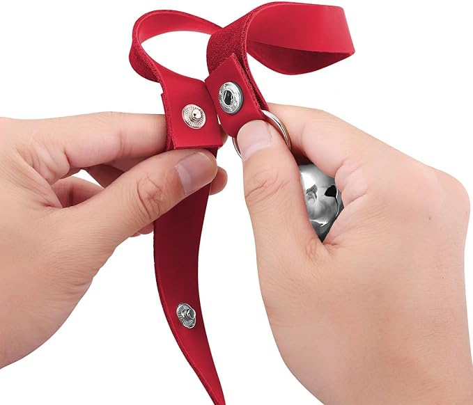 Leather Dog Doorbells for Door Knob/Potty Training/Go Outside, Length Adjustment Copper Dog Bell, Housetraining Hanging Bell, Red Leather Silver Bells.