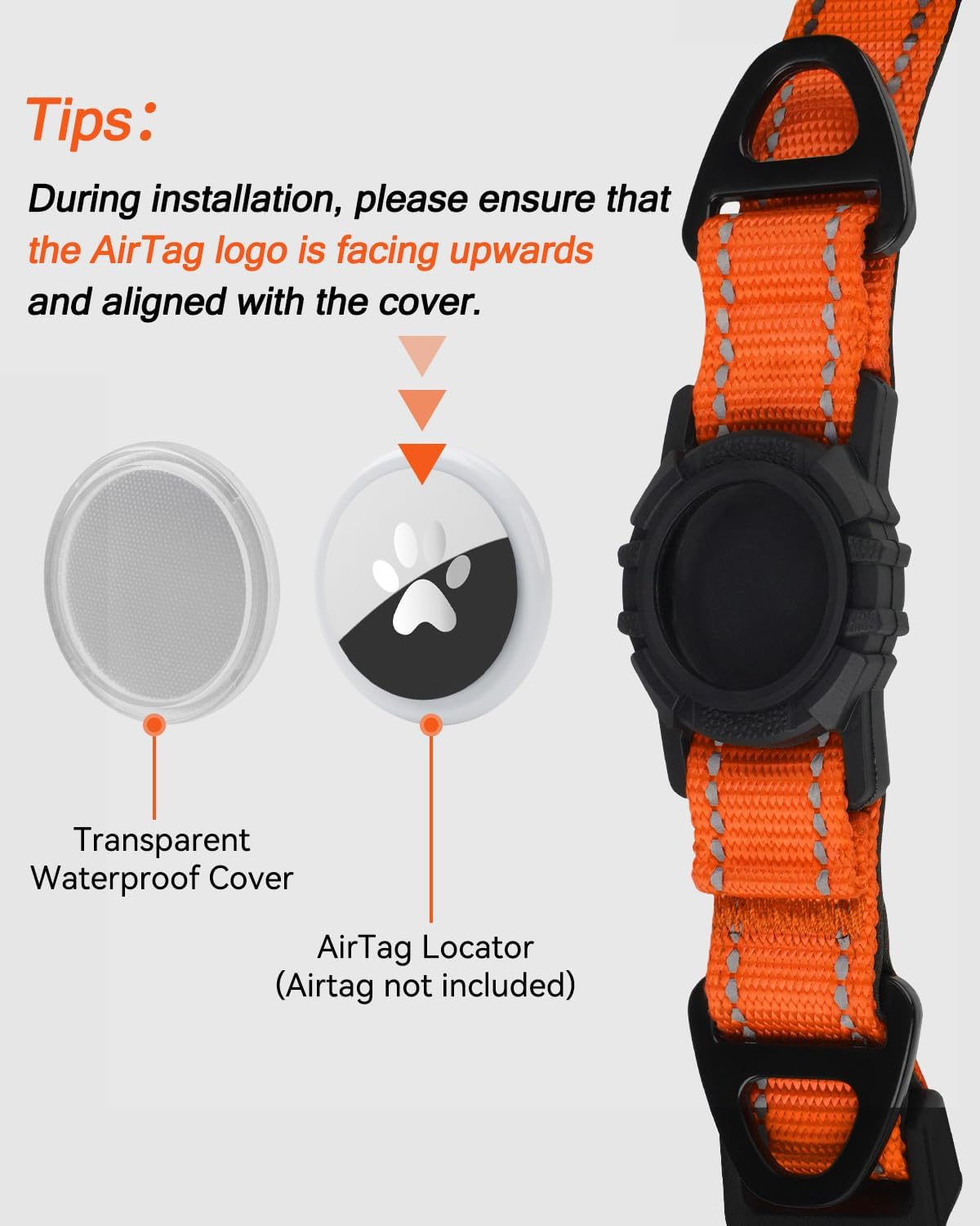 Joytale Airtag Dog Collar, Reflective Pet Collar with Waterproof AirTag Holder, Dual D-Rings, Soft Padded Adjustable for Extra Small and Puppy Dogs, Orange, XS