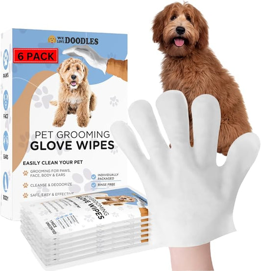We Love Doodles Dog Cleaning Gloves Wipes - Pet Bathing Wipes for Dogs, Paws, Face, Body, Ears - Safe, Easy & Effective - Individually Packaged, Rinse-Free, Double-Sided, Alcohol-Free (6 Pieces)