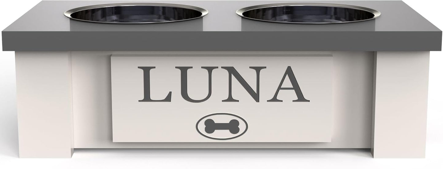 GrooveThis Woodshop - Personalized Elevated Dog Bowl Stand for Large, Medium, Small, X-Small Dogs - Stainless Steel Food and Water Bowls - Raised Dog Dish with Internal Storage (X-Small, Grey)