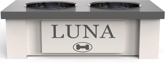 GrooveThis Woodshop - Personalized Elevated Dog Bowl Stand for Large, Medium, Small, X-Small Dogs - Stainless Steel Food and Water Bowls - Raised Dog Dish with Internal Storage (X-Small, Grey)