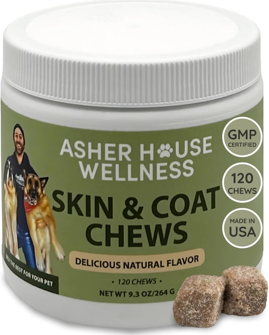 Asher House Wellness Skin & Coat Chews - Dog Itching Skin Relief with Omega 3, 6, 9, Fish Oil, Biotin - Dogs Itchy Paw Licking Chewable Treats, Puppy Dry Itch Supplement - 120 Soft Chews