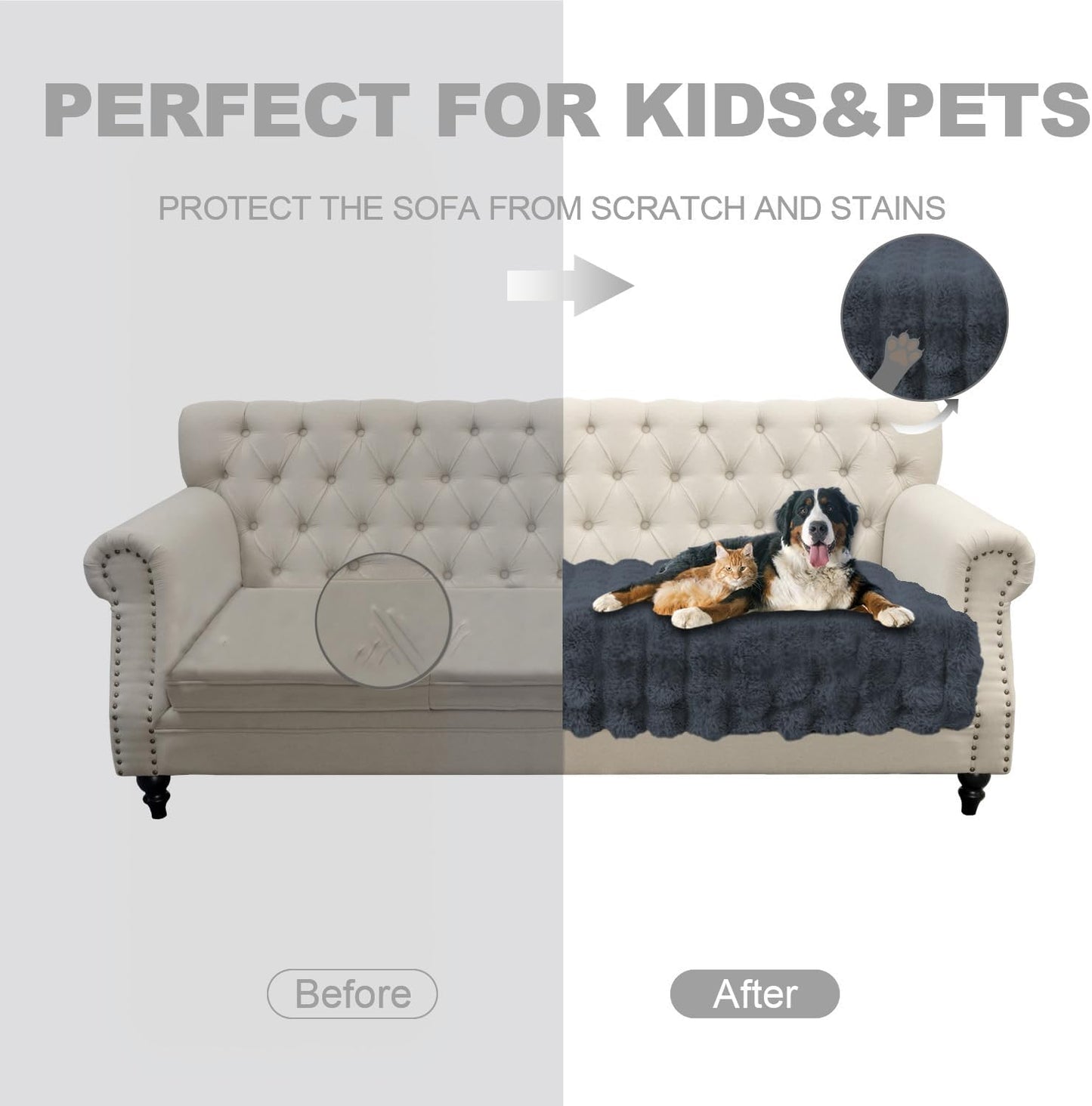 Dogs/Cats Bed Mats, Dog Pad Washable Removable Couch Cover with Anti-Slip Back, Plush Long Fur Mat, Perfect for Small, Medium and Large Dogs.(Noble Gray-Bubble, 30"x90")