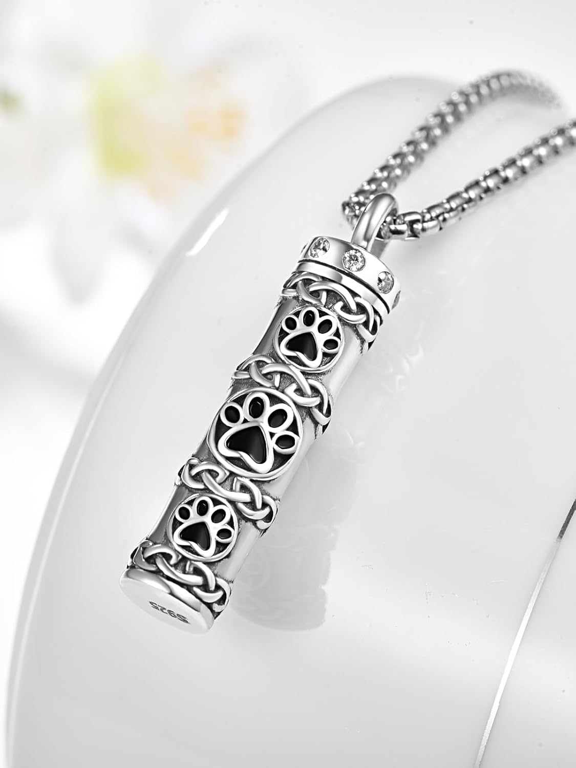 Pet Cremation Urn Necklace for Dog Cat Ashes 925 Sterling Silver Paw Print Keepsake Pendant Celtic Knot Memorial Jewelry for Women Men