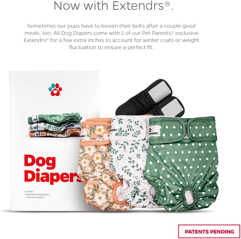 Pet Parents® Washable Dog Diapers (3pack) + Extendrs® of Durable Doggie Diapers, Premium Dog Diapers Female (X-Small, Daisy)