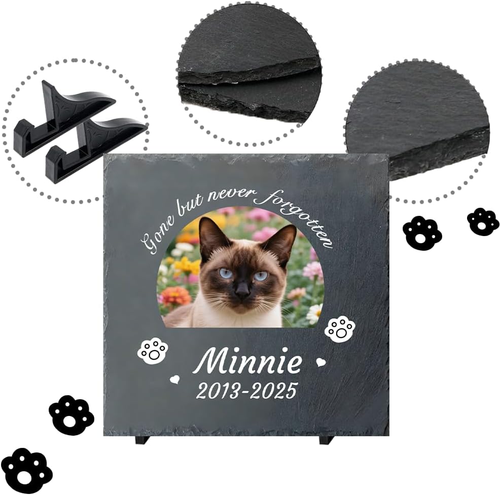 Custom Pet Memorial Stone - Personalized Cat Grave Marker with Name & Photo - Sympathy Gifts for Loss of Beloved Pet - Cemetery Decor - Rainbow Bridge Memorial for Cats (Style I)