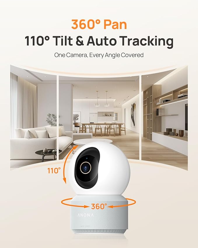 Anona Pano 4K UHD Indoor Camera, Pet/Dog/Baby Security Camera with Phone App, 360° Pan-Tilt, 5G/2.4G Dual-Band Wi-Fi 6, Auto-Tracking, Person/Pet/Baby Crying Detection, Privacy Mode, Two-Way Audio