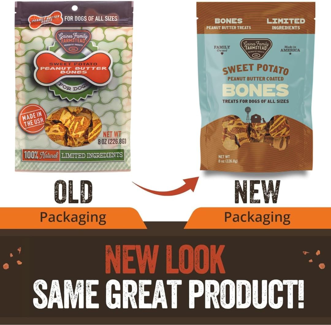 Gaines Family Farmstead Peanut Butter Coated Sweet Potato Dog Bones – 8 oz Bag, Grain-Free, Chewy, Natural Dog Treats for Digestion, Skin, Energy & Immunity – Limited Ingredient, Made in USA