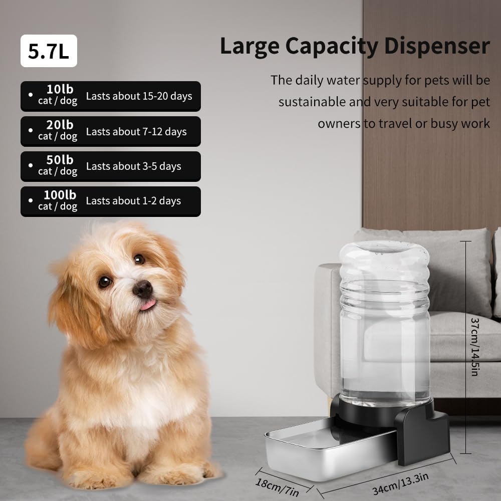 Marchul 1.5 Gallon Cat Water Dispenser, Automatic Gravity Dog Water Feeder, Stainless Steel Large Capacity Cat Waterer for Cats and Small Dogs (3 Filters) 5.7L