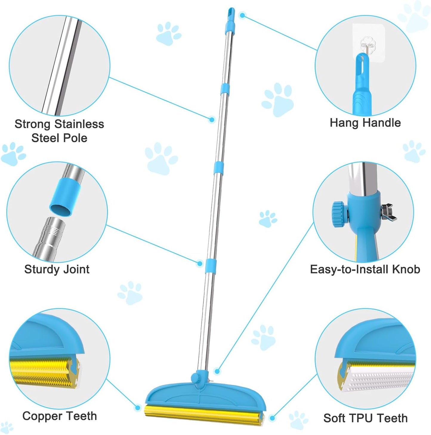 Carpet Rake for Dog Hair Remover: 2 in 1 Reusable Pet Hair Remover – 60‘’ Adjustable Long Handle Carpet Removal Tool for Dog Cat Human Hair – Carpet Scrape Cleaning for Rug Couch Bed