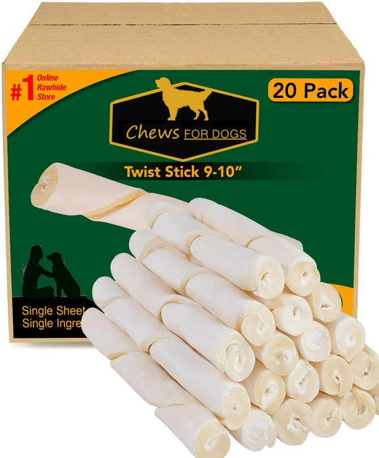 Chews for Dogs Premium Rawhide Twist Sticks 9-10 Inches Dog Treat. Extra Thick, Single Sheet. (20 Pack)