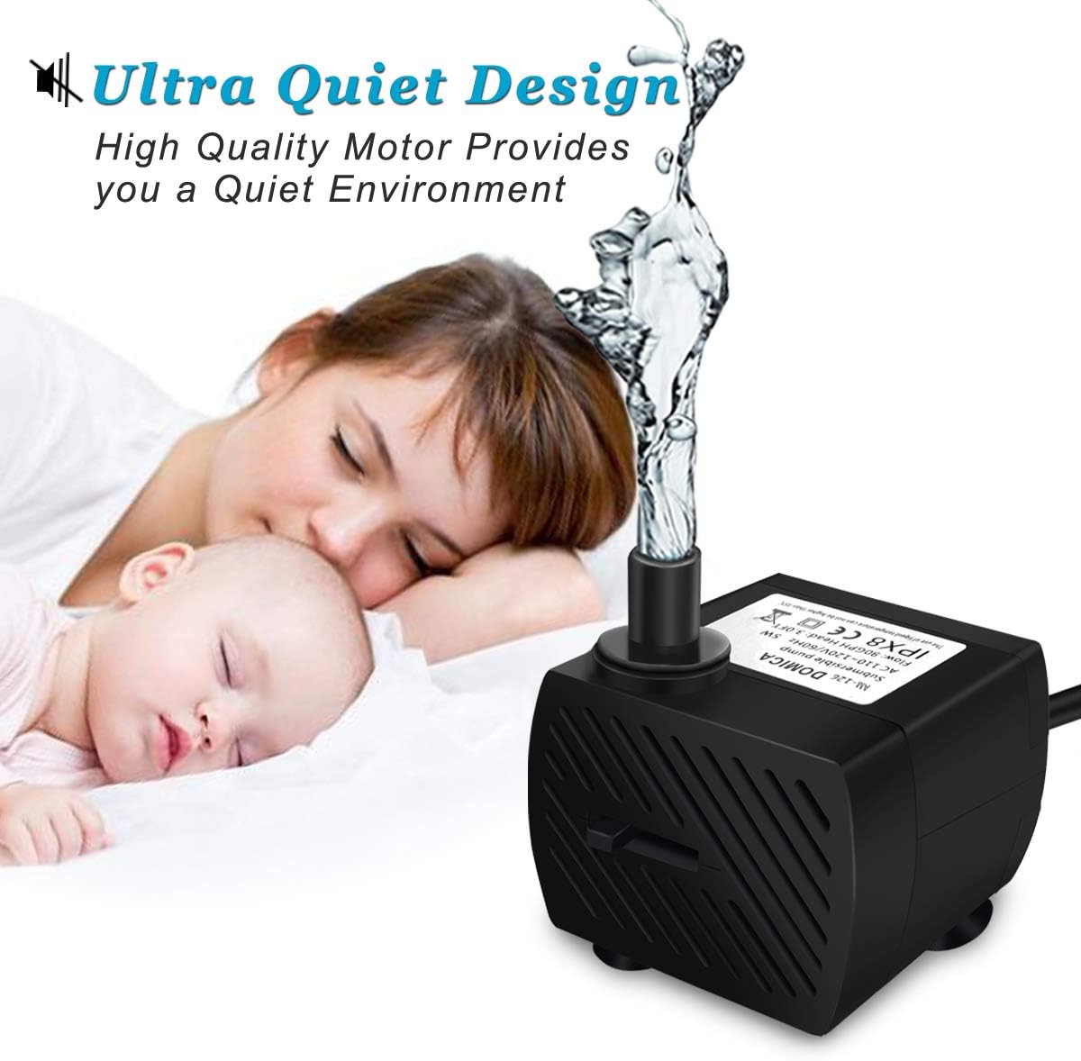 DOMICA (80GPH 4W) Mini Submersible Water Pump with 2.2FT Tube for Pond, Aquariums, Fish Tank, Hydroponics, Tabletop Fountain, Pet Fountain, Indoor or Outdoor Fountain Pump